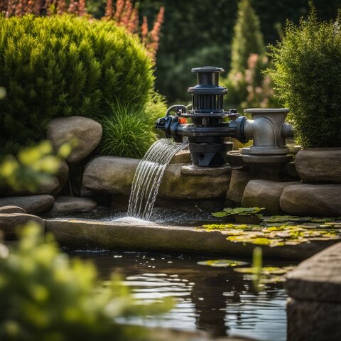 Various pond pumps in a garden pond setting.