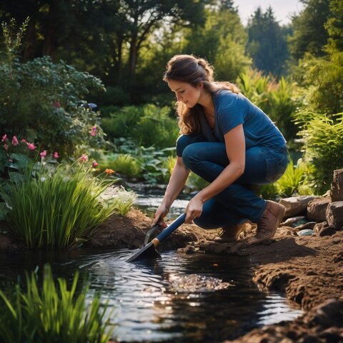 A person digging a pond in their backyard surrounded by greenery.