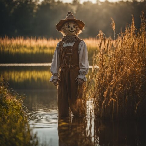 A scarecrow standing in a field by a peaceful pond.