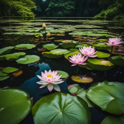 A serene pond landscape with water lilies and lotus plants.