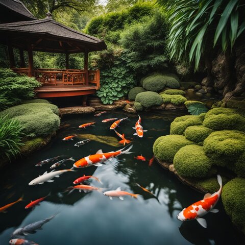 A serene Koi pond with diverse wildlife and lush surroundings.