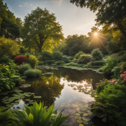 A peaceful pond surrounded by lush greenery and water garden plants.