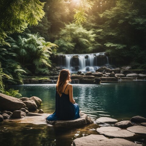 A tranquil pond with a waterfall and lush green surroundings.