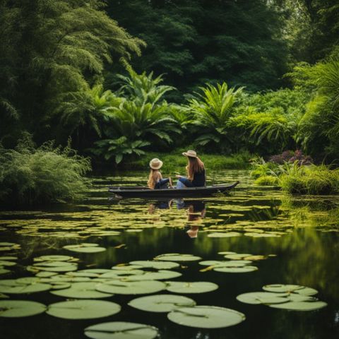 A tranquil pond surrounded by lush greenery and vibrant aquatic plants.