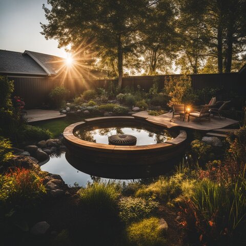 A backyard with a pond construction site and diverse people.