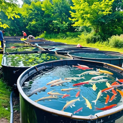 An outdoor fish farm with various fish species in lined tanks.