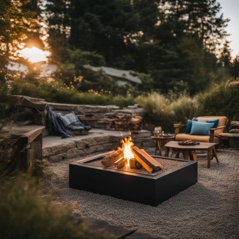 A set of essential tools for creating a gravel fire pit in a well-prepared outdoor space.