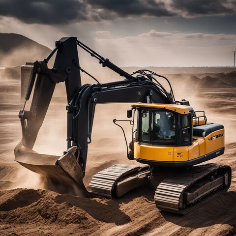 A professional excavator operating heavy machinery on a large dirt field.