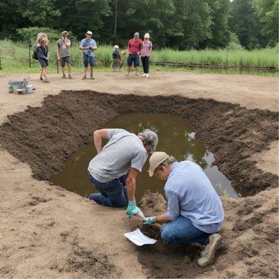 A team of experts examining a potential pond site for soil and water flow.