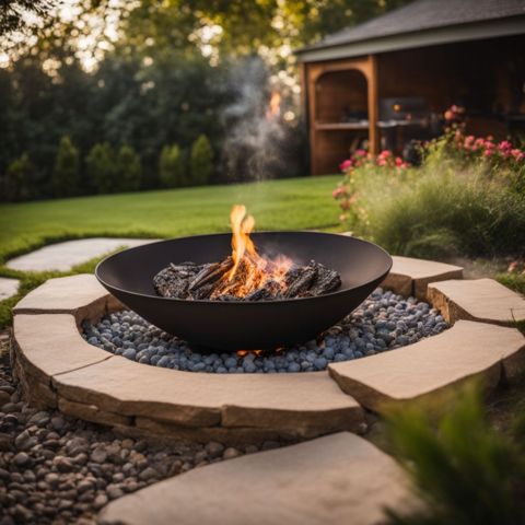 A fire pit with extinguishing materials in a backyard garden.