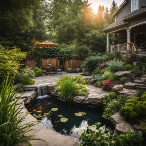 A landscaped backyard with a DIY pond kit surrounded by lush greenery.