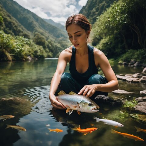 A person releases various fish species into a lush pond.