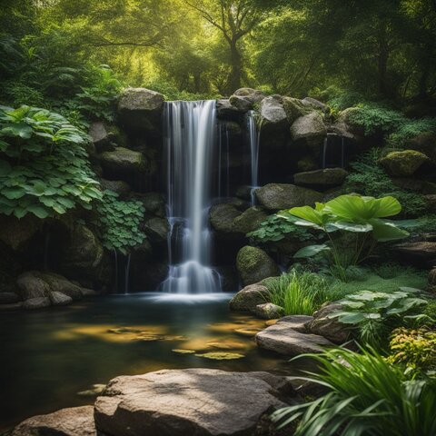 A serene pond with a waterfall and lush garden greenery.