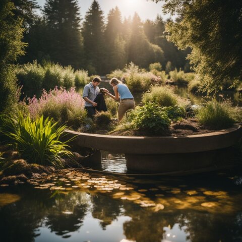 A landscaped pond being filled with soil and plants.