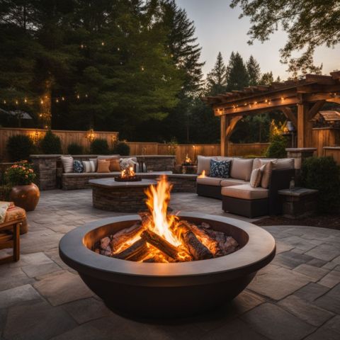 A roaring fire pit in a stone patio surrounded by nature.