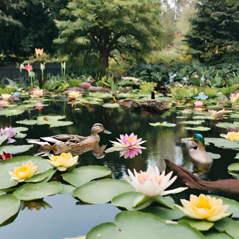 A serene pond with ducks, water lilies, and floating flowers.