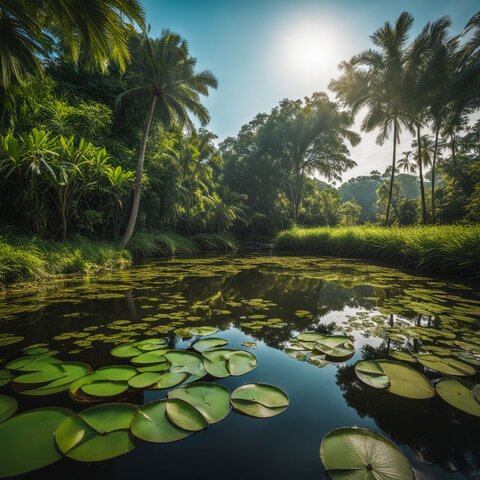 A serene pond with lush greenery and a lively school of fish.