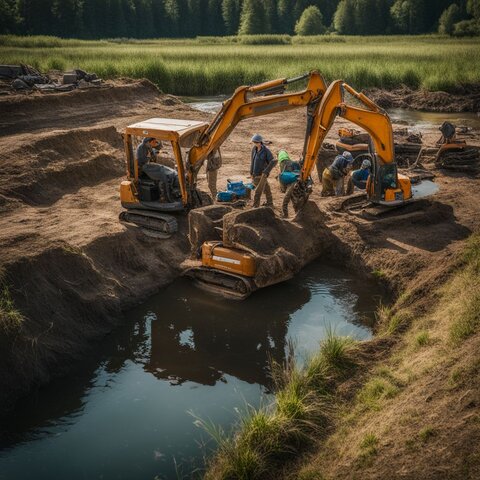 A rural pond excavation site with workers and equipment.