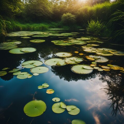 A close-up photo of a healthy pond with clear water and aquatic plants.