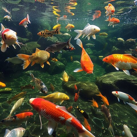 Colorful fish swimming in a well-stocked and thriving pond.