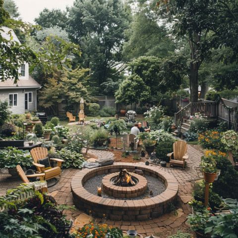 A backyard garden surrounded by a brick fire pit.