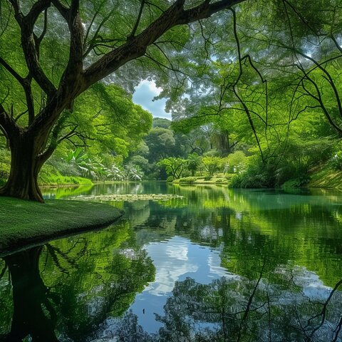 A peaceful pond surrounded by greenery, captured with a wide-angle lens.