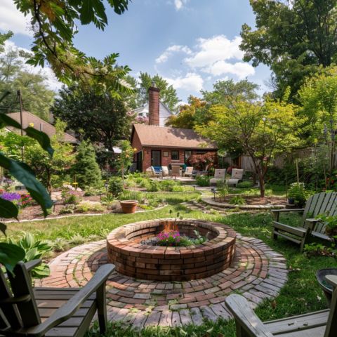 A backyard garden surrounded by a brick fire pit.