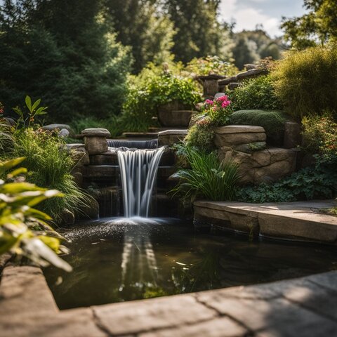 A photo of an external pond pump surrounded by lush greenery.