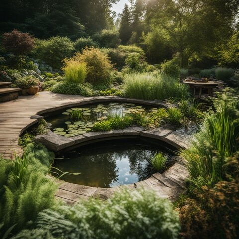 A bubbling pond with a pond aerator surrounded by healthy plants.