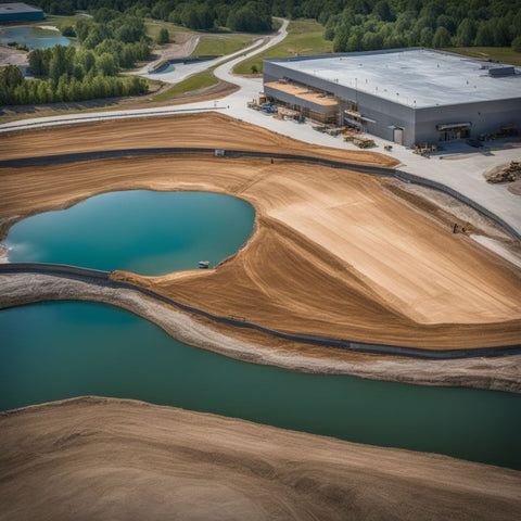 Engineers design a retention pond under construction with a bustling atmosphere.