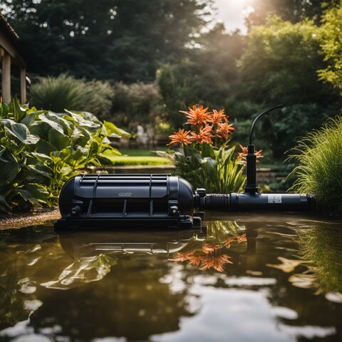A submersible pump draining a pond in a garden setting.