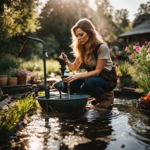 A person using a siphon to drain a backyard pond.