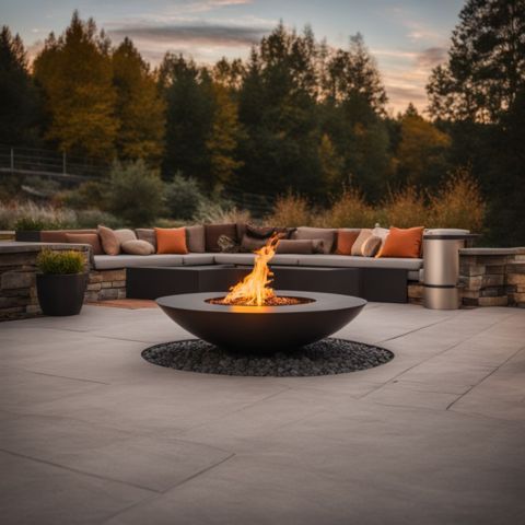 A tabletop fire pit on a stone table with a fire extinguisher nearby.