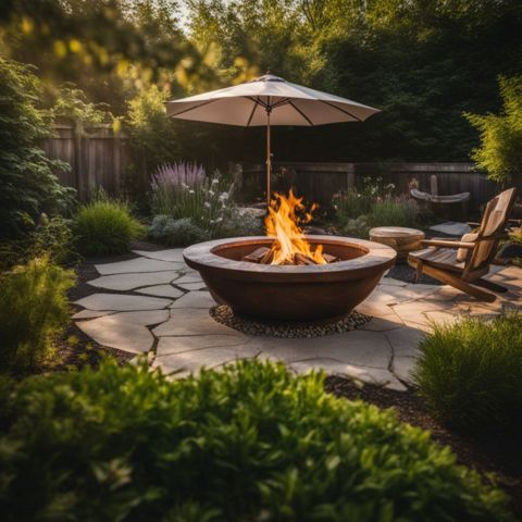 A weathered fire pit in a green backyard garden.