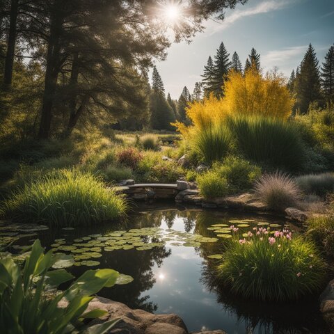 A photo of a pond with native plants and a DIY pond kit surrounded by natural landscape and various people.