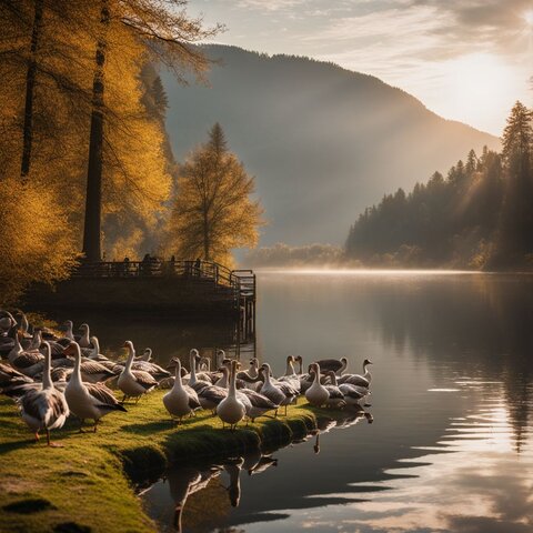 A serene lakeside with a peaceful flock of geese and natural scenery.