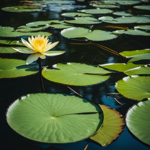 Close-up photo of vibrant green water lily pads on a calm pond.