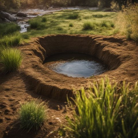 Close-up of a pond's soil structure and groundwater flow with no humans.