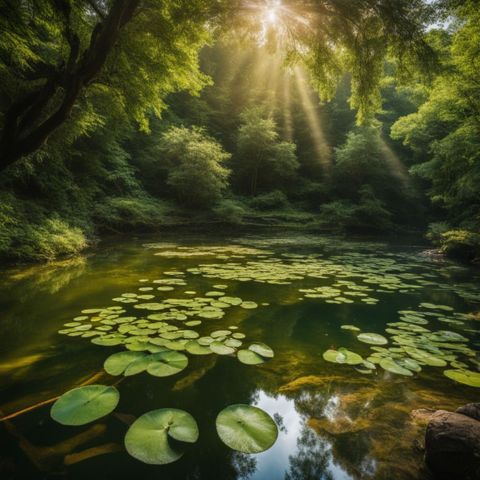 A vibrant, crystal-clear pond surrounded by lush greenery in nature.