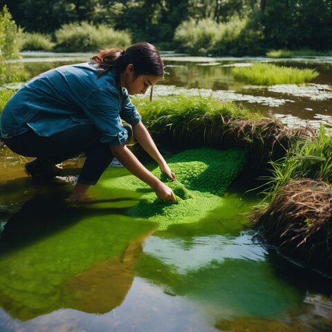 A person is scooping duckweed from a pond surrounded by greenery.