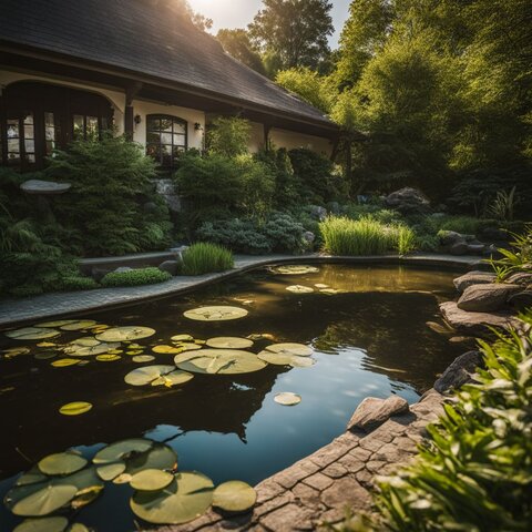 A tranquil pond surrounded by lush greenery and a functioning pump.
