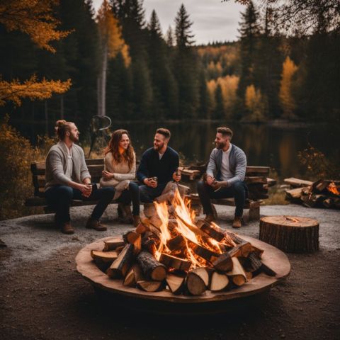 An outdoor fire pit with neatly stacked firewood in a natural setting.