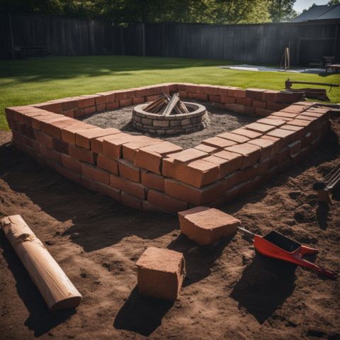 A cleared backyard with tools for building a fire pit.