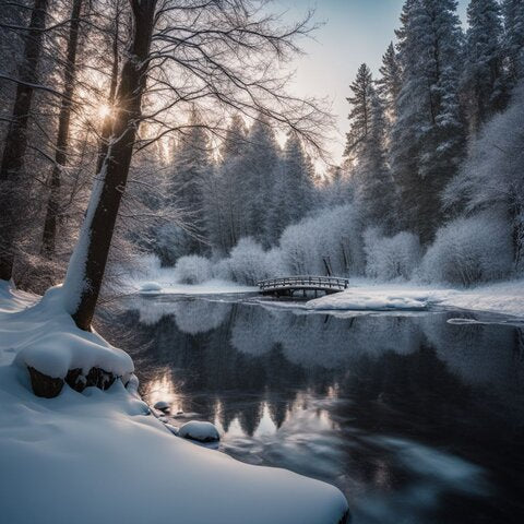 A serene frozen pond with snow-covered trees in a bustling atmosphere.