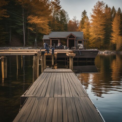 A dock being installed on a tranquil lake surrounded by greenery.