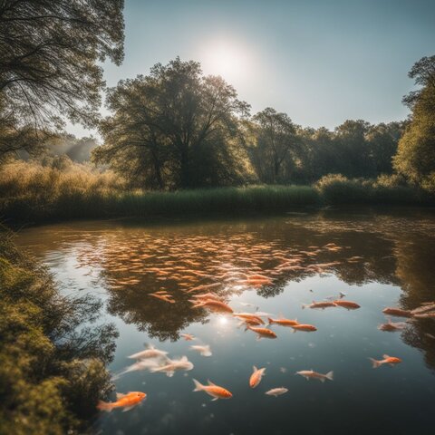 A photo of a vibrant pond with fish swimming in it.