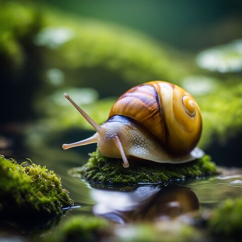 A Japanese Trapdoor Snail glides across a mossy pond floor.