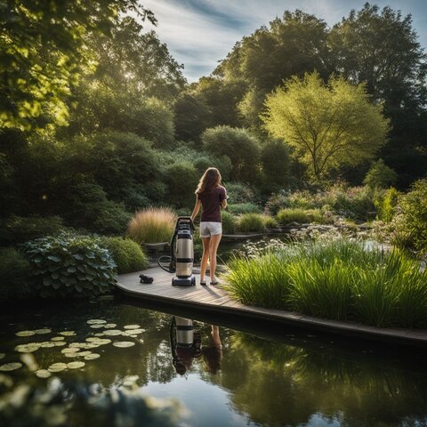 A pond vacuum in a tranquil garden surrounded by lush greenery.