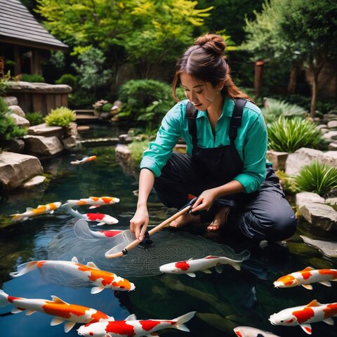 A person maintaining a colorful koi pond with net and tools.