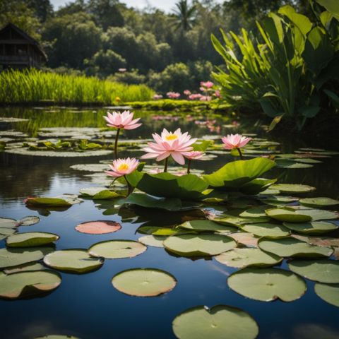 A serene pond with water lilies and lotuses surrounded by lush greenery.